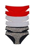 6 Adet Likralı Kadın Slip Külot Leopar Kırmızı Gri - 1
