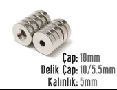 Neodyum Mıknatıs Yuvarlak Havşalı Çap 18mm (delik 10/5.5mm) Kalıklık 5mm 2 Adet - 1