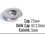 Neodyum Mıknatıs Yuvarlak Havşalı Çap 25mm (delik 10/5.5mm) Kalıklık 5mm 2 Adet - 1