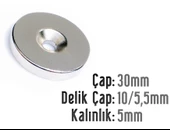 Neodyum Mıknatıs Yuvarlak Havşalı Çap 30mm (delik 10/5.5mm) Kalıklık 5mm 1 Adet - 1