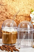 4 Adet Origami Stil Mika Cam Pipetli Bardak Kapaklı | Kahve Ve Sunum Bardağı I Kokteyl Bardak 400ml - 1