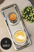 2 Adet Paslanmaz Çelik Dikdörtgen Sunum Tepsisi I Çay Kahve Servis Sunum Tepsisi 33x13CM - 1