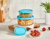 Glassco - Mavi Kapaklı Cam Saklama Kabı Yuvarlak 6 Adet 450 cc Cam Saklama Kabı Kavanoz - 1