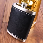 Perlotus 8 Oz 235 cc Hunili Siyah Hakiki Deri Kılıflı Çelik Viski İçki Matarası - 1