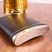 Perlotus 8 Oz 235 cc Hunili Siyah Hakiki Deri Kılıflı Çelik Viski İçki Matarası - 6