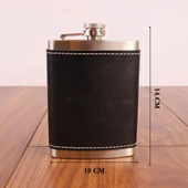 Perlotus 8 Oz 235 cc Hunili Siyah Hakiki Deri Kılıflı Çelik Viski İçki Matarası - 2