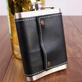 Perlotus 8 Oz 235 cc Hunili Siyah Hakiki Deri Kılıflı Çelik Viski İçki Matarası - 3