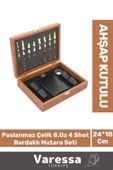 Premium Paslanmaz Çelik 8.Oz 4 Shot Bardaklı Ahşap Kutulu Satrançlı Alkol Deri Matara Seti 24*18 Cm - 1