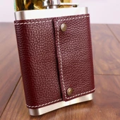 Perlotus 8 Oz 235 cc Hunili Kızıl Kahverengi Hakiki Deri Kılıflı Çelik Viski İçki Matarası - 4