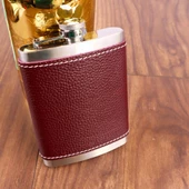 Perlotus 8 Oz 235 cc Hunili Kızıl Kahverengi Hakiki Deri Kılıflı Çelik Viski İçki Matarası - 1