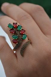 STONEAGE Bayan Ayarlanabilir Yakut ve Zümrüt Taşlı Yüzük - 5