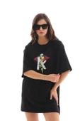 Unisex Bisiklet Yaka Baskılı Oversize T-Shirt - Siyah thumbnail 3