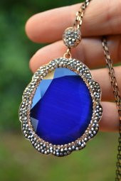 STONEAGE Saks Mavisi Kedi Gözü Büyük Kolye thumbnail 3