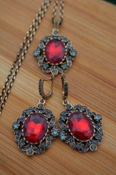 STONEAGE Yakut ve Zirkon Taşlı Kolye ve Küpe Set Takım - 3