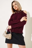 Yaka Zincirli Omuzu Açık Kazak Bordo - 1