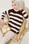 Çizgili Pirinç Örgü Salaş Triko Tunik Kahve thumbnail 1