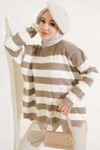 Çizgili Pirinç Örgü Salaş Triko Tunik Vizon thumbnail 1