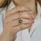 Şık Tasarımlı Zümrüt Yeşili Lotus Çiçeği Gümüş Kolye Rose thumbnail 1