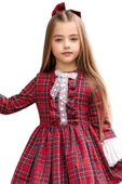 Kız Çocuk Renkli Ekose Desenli Yakası Kurdele Etek Ucu Fırfırlı Kırmızı Elbise thumbnail 2