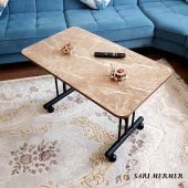 Tekerlekli Masa Orta Sehpa 60x100 Cm Siyah Metal Ayak Sarı Mermer - 1