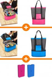 2 Adet Soğuk Tutucu Plaj Çantası + 2 Adet Buz Aküsü Kamp Piknik Termos Çantası Pembe Mavi Renk - 1