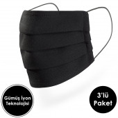 Mutlu Maske Gümüş İyonlu Antiviral Kumaş Siyah Renkli Yıkanabilir Bez Koruyucu Maske 3'lü Paket - 1