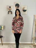 Kadın Tek Cepli Desenli Kalın Oduncu Ceket Gömlek (Kırmızı-Kahve) thumbnail 3