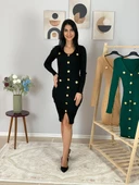 Kadın Uzun Kol Düğme Detaylı Fitted Ön Yırtmaçlı Triko Elbise (Siyah) - 5