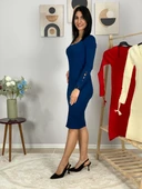 Kadın Uzun Kol Fitted Kol Büzgülü Triko Elbise (Lacivert) - 2