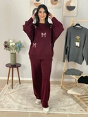 Kadın Uzun Kol Fiyonk Nakışlı Bisiklet Yaka Triko Kazak Pantolon Takım (Bordo) - 3