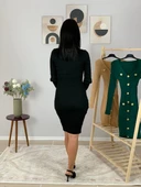 Kadın Uzun Kol Düğme Detaylı Fitted Ön Yırtmaçlı Triko Elbise (Siyah) - 6