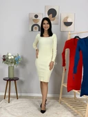 Kadın Uzun Kol Fitted Kol Büzgülü Triko Elbise (Beyaz) - 2