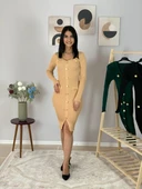Kadın Uzun Kol Düğme Detaylı Fitted Ön Yırtmaçlı Triko Elbise (Bal) - 2