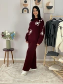 Kadın Uzun Kol Çiçek Nakışlı Bisiklet Yaka Triko Kazak Pantolon Takım (Bordo) thumbnail 3