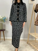 Kadın Leopar Desenli Etek Hırka Triko Takım (Siyah) - 3