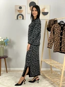 Kadın Leopar Desenli Etek Hırka Triko Takım (Siyah) - 4