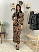 Kadın Leopar Desenli Etek Hırka Triko Takım (Taba) - 2