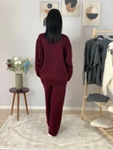 Kadın Uzun Kol Çiçek Nakışlı Bisiklet Yaka Triko Kazak Pantolon Takım (Bordo) thumbnail 6