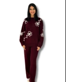 Kadın Uzun Kol Çiçek Nakışlı Bisiklet Yaka Triko Kazak Pantolon Takım (Bordo) thumbnail 1