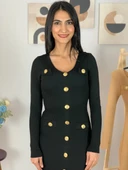 Kadın Uzun Kol Düğme Detaylı Fitted Ön Yırtmaçlı Triko Elbise (Siyah) - 4