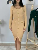Kadın Uzun Kol Düğme Detaylı Fitted Ön Yırtmaçlı Triko Elbise (Bal) - 5