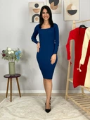 Kadın Uzun Kol Fitted Kol Büzgülü Triko Elbise (Lacivert) - 4