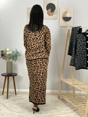 Kadın Leopar Desenli Etek Hırka Triko Takım (Taba) - 3