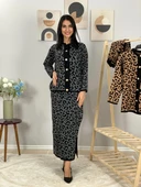 Kadın Leopar Desenli Etek Hırka Triko Takım (Siyah) - 2