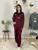 Kadın Uzun Kol Fiyonk Nakışlı Bisiklet Yaka Triko Kazak Pantolon Takım (Bordo) - 4