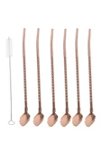 6'lı Bronz Pipetli Latte Kaşığı Kokteyl Kaşığı Ve Temizleme Fırçası, 22 Cm Yaprak Model thumbnail 1