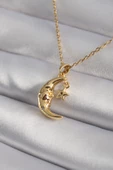 316L Çelik Gold Renk Zirkon Taşlı Ay Yıldız Model Kadın Kolye - TJ-BKO8346 - 1