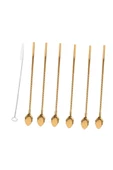 6'lı Paslanmaz Gold Pipetli Latte Kaşığı Kokteyl Kaşığı Ve Temizleme Fırçası, 22 Cm Yaprak Model thumbnail 1