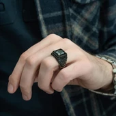 Siyah Zirkon Taşlı Mikro Taş İşlemeli  Gümüş Erkek Yüzük thumbnail 7