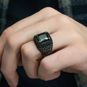 Siyah Zirkon Taşlı Mikro Taş İşlemeli  Gümüş Erkek Yüzük thumbnail 5